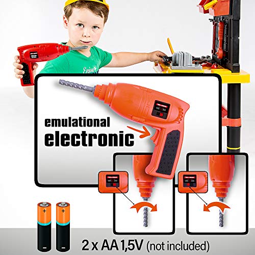 Kinderplay Werkstatt mit Batteriebetriebener Bohrmaschine und Helm, Arbeitsplatte, Werkzeugbank mit Zubehör, KP2646