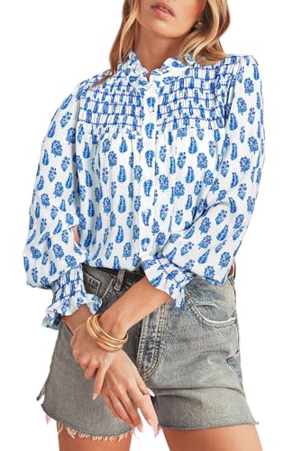 Women's Sky Blue Boho Floral Printed Lantern Sleeve Frilled Neck Shirred Shirt