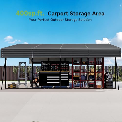 Image of 20x20FT Heavy Duty Metal Carport,Outdoor Garage with Removable Sidewalls & Doors, Heavy Duty Steel Frame and Galvanized Roof for Cars and Boats, Gray