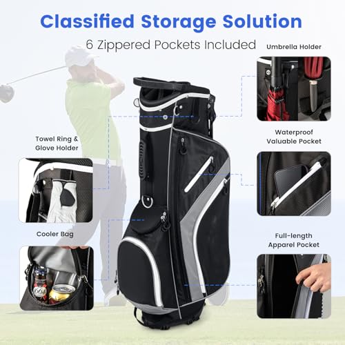 Gymax Golf Stand Bag, 14 Way Golf Bag With 6 Pockets, Dual Shoulder Strap And Rain Hood, Lightweight Portable Golf Clubs Bag For Men Women (Grey) - 5