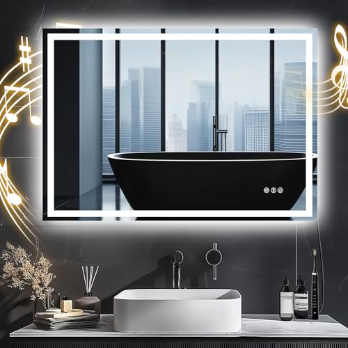 CROWNSHOP Bathroom Mirror with LED Lights 100x70cm – Bluetooth LED Illuminated Mirror with Anti-Fog, 3 Colour Dimmable Lights, Touch Control & Memory Function | IP54 Rated, Horizontal/Vertical Mount