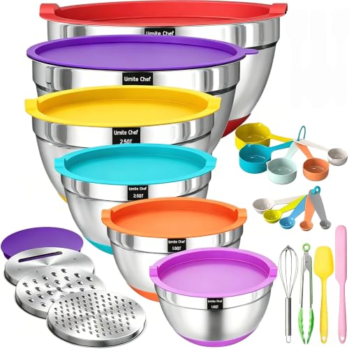 Umite Chef Thickened Heavy-Duty 26pcs Stainless Steel Bowl, Mixing Bowl Set with Lid, Grater Attachment, Colorful Non-Slip Bottom and Kitchen Gadget Set, Sizes 7, 4, 2.5, 2.0, 1.5, 1QT
