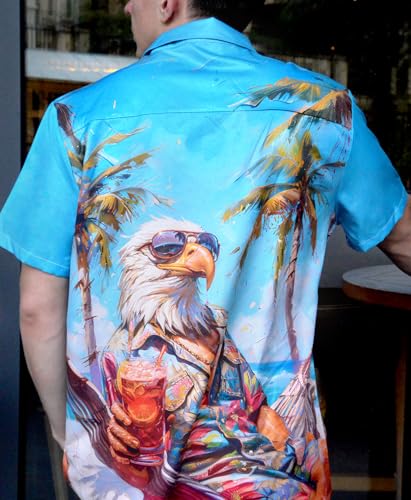 Men's Hawaiian Beach Shirt, Eagle Tropical Print, Button Down Short Sleeve, Teal - Image 5