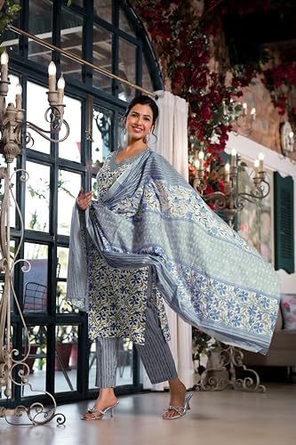 Image of MIRCHI FASHION Women's Straight Fit Pure Cotton Jaipuri Floral Printed Sequins Thread Work Kurta Set with Dupatta and Trouser