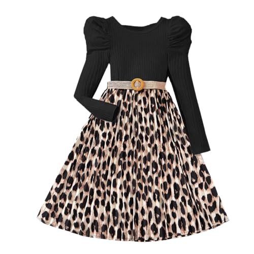 Girls Autumn Dress Ribbed Puff Sleeves Pleated A-line Dress Leopard Print Dress 7-13 Years