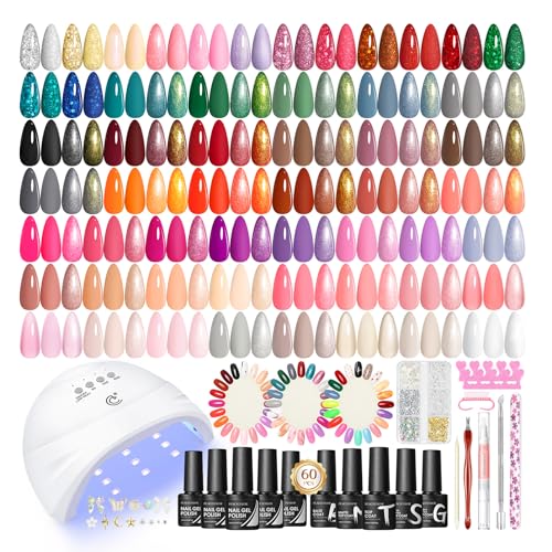 PEACECOLOR 73 szt. Zestaw półtrwałych paznokci i lampy, 55 kolorów półtrwały żelowy lakier do paznokci z podstawą Top Matowy Top Coat Zestaw do manicure półtrwały dla początkujących