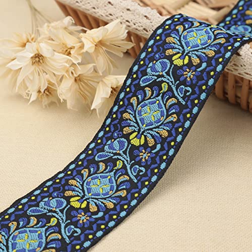 Boho Jacquard Ribbon Floral Ribbon 5 Yards Blue Embroidery Jacquard Trim for Sewing, Handmade Bag, Clothing Decoration