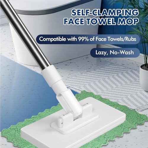 WPKD BLUEIY Wischmopp mit Druck-Klemm System,Bodenwischer mit Mop Pads 4 Lappen,Automatisches Klemmtuch,EIN Knopf zum Wechseln,für die Bodenreinigung(16x8,5cm)