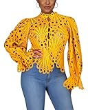 Doweha Women’s Sexy Ruffle Long Sleeve Summer Lace Tops 2025 Puff Flare Shirt V Neck Hollow Out Button Down Tunic Blouses Yellow XXL