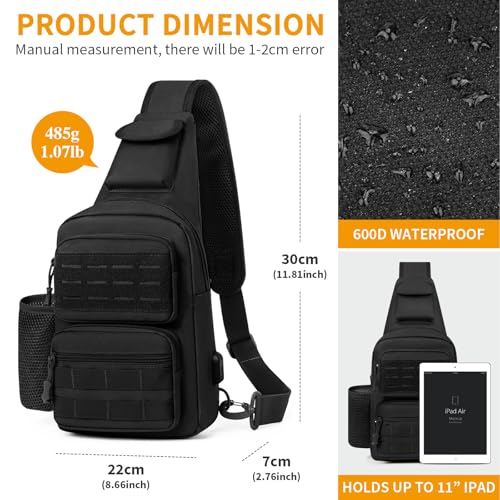 HUNTVP Taktische Brusttasche Herren Sling bag Militär Schultertasche Umhängetasche Tactical Chest Bag MOLLE Crossbody Bag für Alltag Reisen Wandern Camping (Schwarz)
