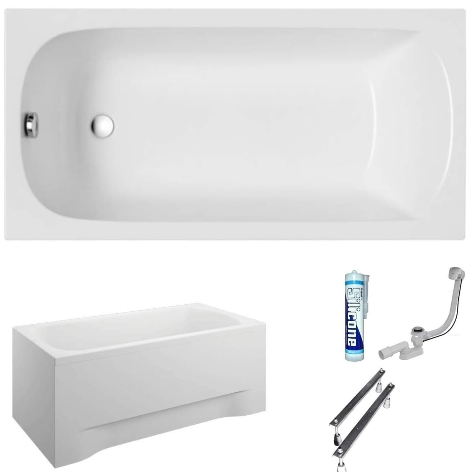 ECOLAM Baignoire rectangle acrylique Classic 120x70/ 130x70/ 140x70/ 150x70/ 160x70/ 170x70 cm + tablier | pieds siphon + silicone | (120x70)
