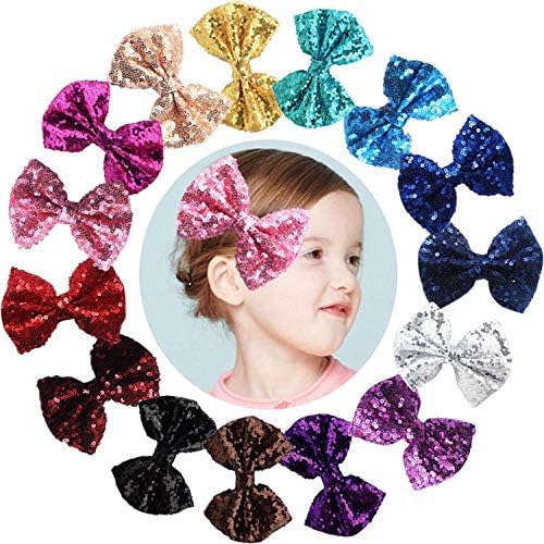 Party Hair Bows Clips for Girls 15pcs Bling Sparkly Glitter Sequins Big 4" Hair Bows Alligator Hair Clips Nylon Mesh Ribbon Bowknot Hairpins for Baby Girls Kids Children