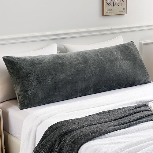 YIYEA Faux Fur Body Pillow Case Cover, Luxury Ultra Soft Fuzzy Pillowcases, Fluffy Plush Velvet Body Pillow Cover with Zipper, Cozy Warmth and No Shedding, 20 x 54, Dark Grey