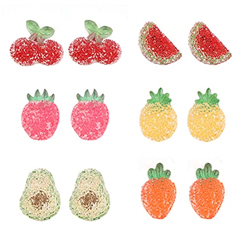 coadipress 6 Pairs Fruit Stud Earrings Set for Women Teen Girls Unique Handmade Cute Funny Simulation Lifelike Fruits Strawberry Cherry Pineapple Resin Statement Studs Jewelry for Kids Birthday Gifts (Sugar Fruit Earrings)
