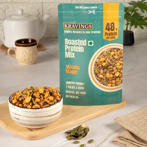 Image of Kravings Roasted Soyabean Protein Snack | 38g Natural Protein per Pack | Roasted Not Fried | Crunchy, Tasty & Delicious | Healthy Protein Rich Snack | Protein Mix & Pudina Soyabean Flavor (Pack of 2, 200g Each)