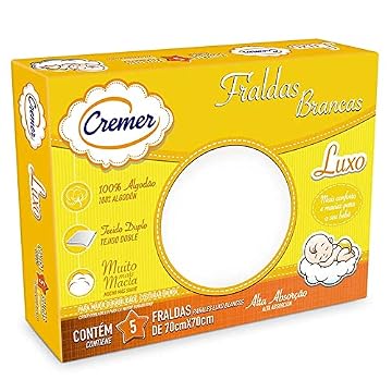 Fralda Luxo Branca 70 x 70 cm PC com 5 Unidades, Cremer (Embalagem pode variar)