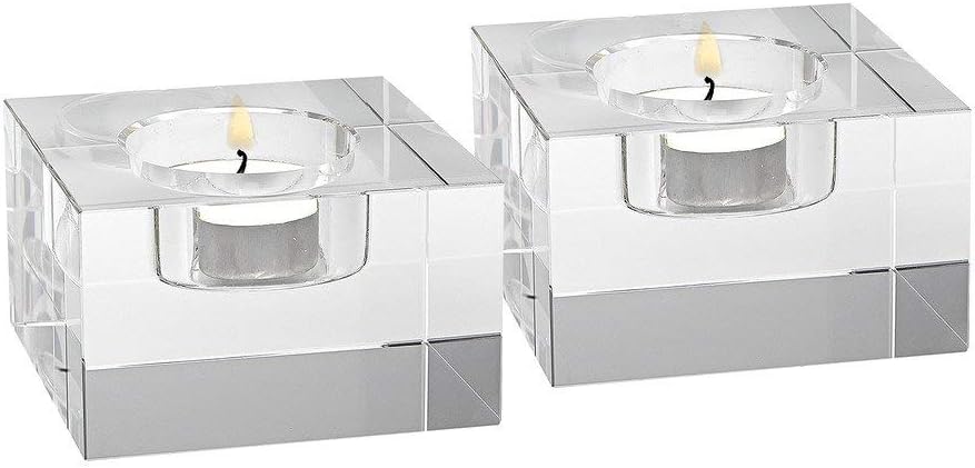 Badash Dakota Crystal Tealight Holders - 2" Tall Glass Candle Holders in Modern Brick Design (Set of 2) - Elegant Handcrafted Faceted Crystal Home Decor Accent