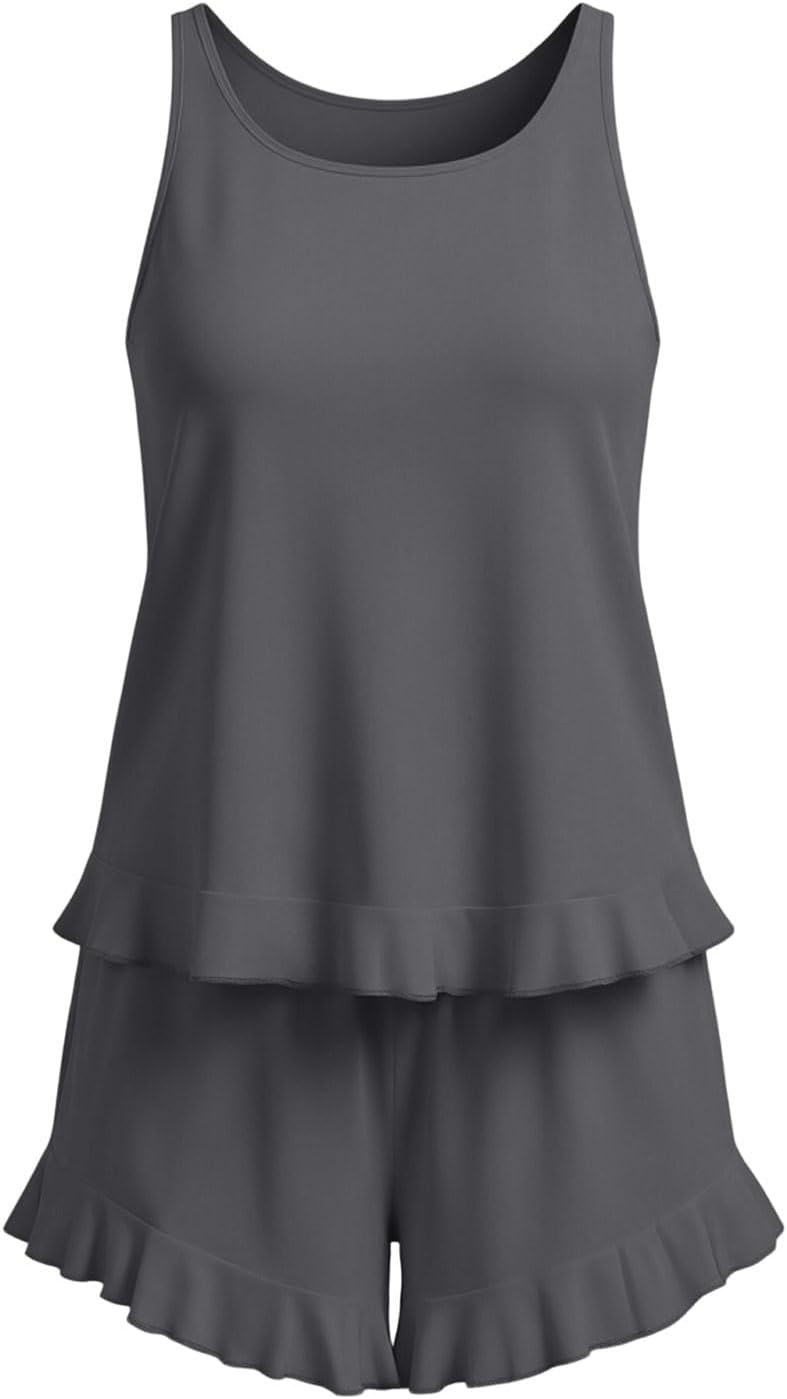 Summer Pajamas 2Pc Sets for Women Sleeveless Ruffle Tunic Tank Tops Elastic Thigh High Flowy Shorts Plain Sleepwear