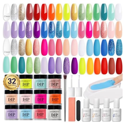 AZUREBEAUTY 42Pcs Dip Powder Nail Kit Starter - Going Summer, 32 Colors Blue Lilac Purple Pink Green Acrylic Nail Dipping Powder Set with Top/Base Coat Activator &Tray for French Art Manicure DIY Home