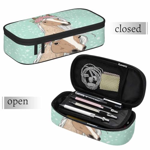 Image of Horse Flowers Pencil Case Rose Floral Peony Cartoon Animal Green Pencil Bag Pen Markers Pouch Holder Organizer for Boy Girl School Students