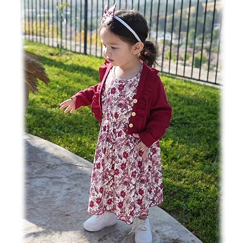 HINTINA Toddler Little Girls Dress And Cardigan Sets 2 Piece Floral Print Sleeveless Dress and Long Sleeve Cardigan Set2