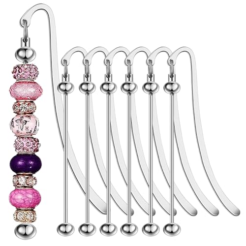 6Pcs Beadable Bookmarks DIY Metal Blank Beaded Bar, Beading Bookmark Bars Bulk for Beads for Book Lovers Student Teacher Office Supplies Craft Jewelry Pendant Charm Gift Birthday Present Silver
