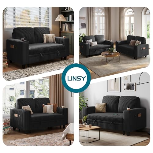 Image of LINSY HOME Loveseat Sofa with Pull Out Couch Chaise: 2-in-1 Convertible 2 Seater Sofa with USB Charging & Cup Holders, Comfy Plush Corduroy Love Seat for Small Spaces Living Room Apartment, Black