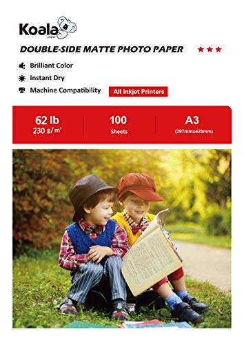 KOALA Papel Fotográfico de Doble cara Mate para Inyección de Tinta A3, 230 g/mu00b2, 100 hojas. Adecuado para imprimir Fotos, Portadas, Certificados, Folletos, Volantes, Tarjetas, Calendarios, Artes