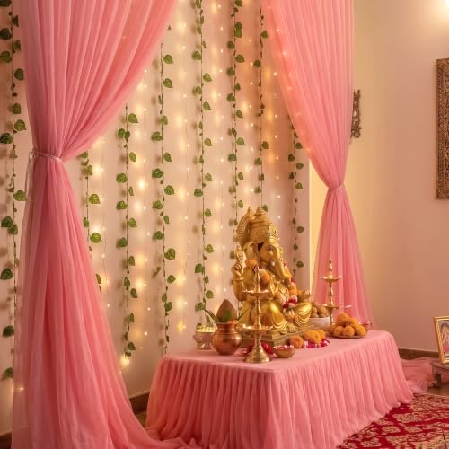 Image of SpecialYou Ganpati Decoration Setup for Home Decor with Pink Backdrop Cloth for Decorations Pooja & Green Vines Wall Decor Items for Living Room, Ganpati Decoration Item- 9Pcs