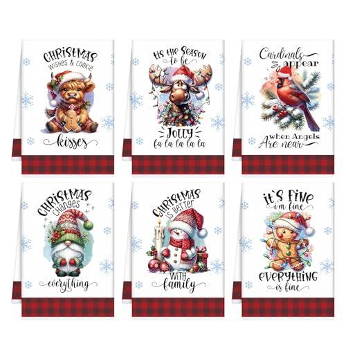 Image of VISSTREE 6 Pcs Christmas Kitchen Towels, Absorbent Christmas Santa Dish Hand Towels Sets, Soft Microfiber Snowman Dishcloths for Winter Xmas Holiday Kitchen Cooking Home Decor Housewarming Gifts