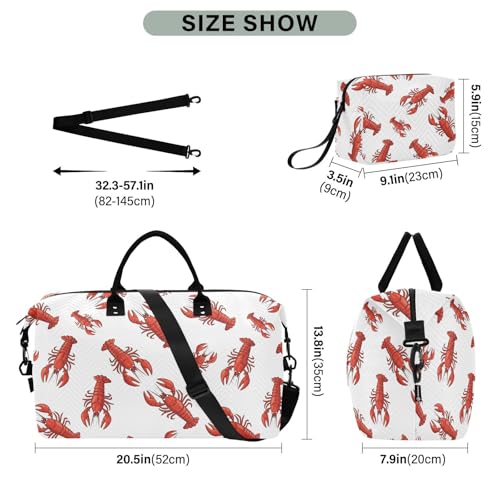 Cartoon Red Lobster Travel Duffel Bag for Men Women with Makeup Bag Weekend Overnight Carry On Bags for Hospital Travel Gym3