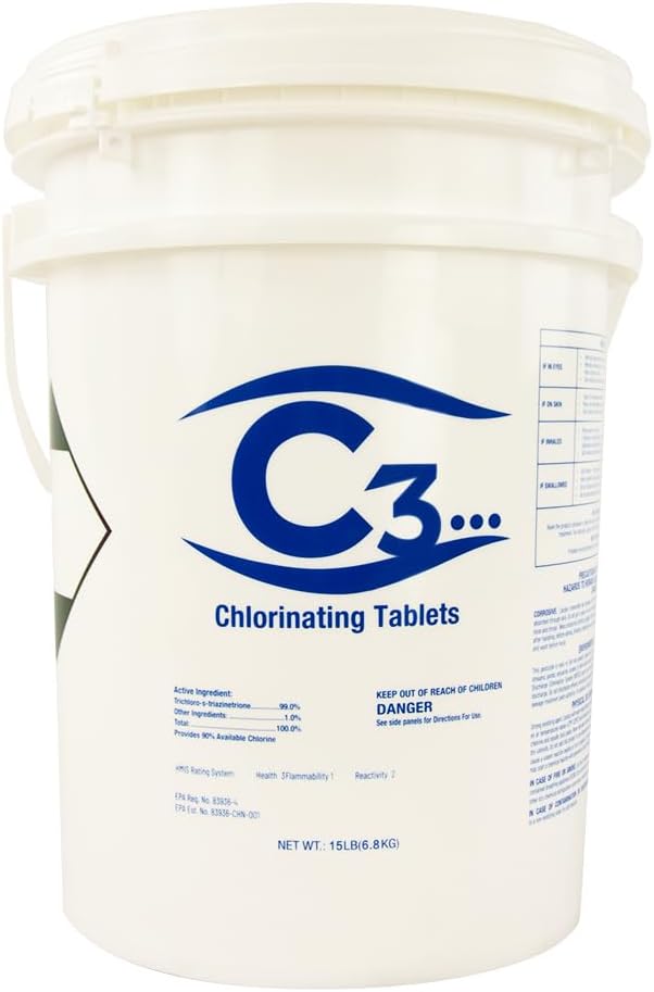 C3... 3" Stabilized Chlorine Tablets for Swimming Pools | Easy to Use | for Above Ground or Inground Pool | Individually Wrapped Chlorinating Tabs | Slow Dissolving | 50 lbs
