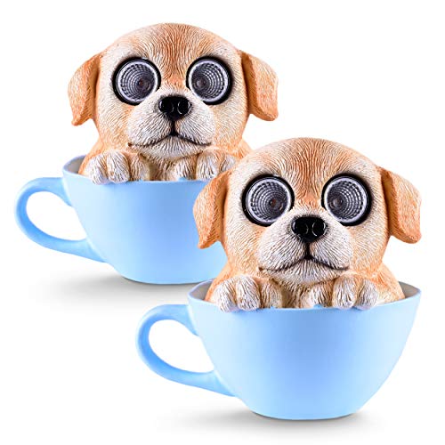 Hund in Tasse Solar Garten Dekorationen Figur | Outdoor LED Dekor Figur | Leuchtende dekorative Statue Akzente für Hof, Terrasse, Rasen oder Deck | Tolle Einweihungsgeschenkidee (hellbraun, 2 Stück) Cover