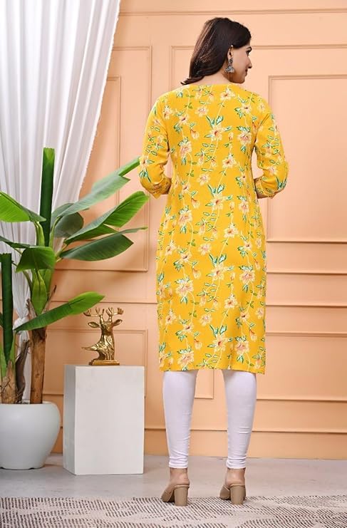 Image of Women's Rayon Straight Kurta || Flower Print Kurta for Women (Yellow)