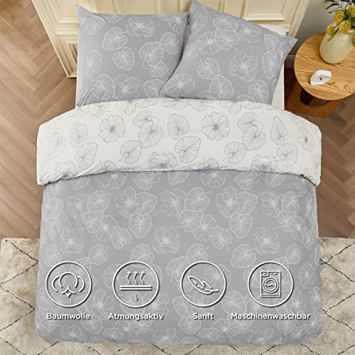 BEDSURE Bettwäsche 200x200 Baumwolle 3teilig - Grau Ginkgo – Ansicht 4