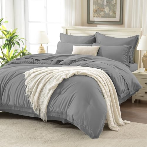 Image of Andency Queen Comforter Set with Sheets Medium Grey - 7 Pieces Boho Tassel Bed in a Bag Soft Lightweight Bedding Sets, Fringe Bed Set with Comforter, Sheets, Pillowcases & Shams