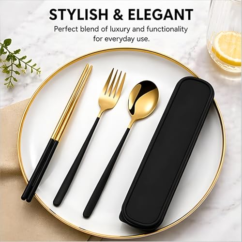 Image of 3 Piece Premium Gold Stainless Steel Chopsticks Fork Spoon Set with Travel Case Non-Slip Dinnerware Cutlery Set Tableware Set for Gift (Gold Black)