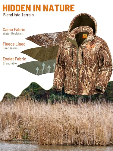 Image of NEW VIEW Camo Hunting Jackets for Men, Warm Fleece Lined Hunting Jacket with Hood, Quiet Water Resistant Hunting Clothes