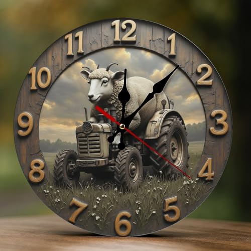GVYGVY Horloges murales décoratives à piles - 25,4 cm - Tracteur de mouton vintage - Impression 2D - Sans tic-tac - Horloge murale silencieuse pour salon,...