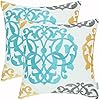 CaliTime Throw Pillow Cases Pack of 2 Cotton Vintage Compass Geometric Floral Embroidered Decorative Cushion Covers for Couch Bed Sofa Farmhouse Decoration 18 X 18 Inches Turquoise Gold Gray