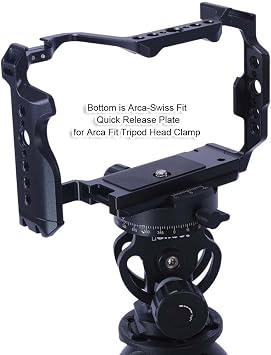 Camera Cage Compatible with Sony A7CII A7CR, Camera Support Holder Bracket with Arca-Swiss Fit Quick Release Plate, Aluminum Alloy DSLR Rig Stabilizer with Dual Cold Shoe, 1/4