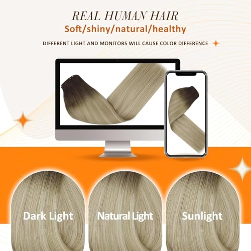 Image of Full Shine Seamless Clip in Hair Extensions Human Hair, Ombre Dark Brown to Ash Blonde and Platinum Blonde, Invisible PU Weft, Remy for Women, 16 Inch 120g 8 Pcs