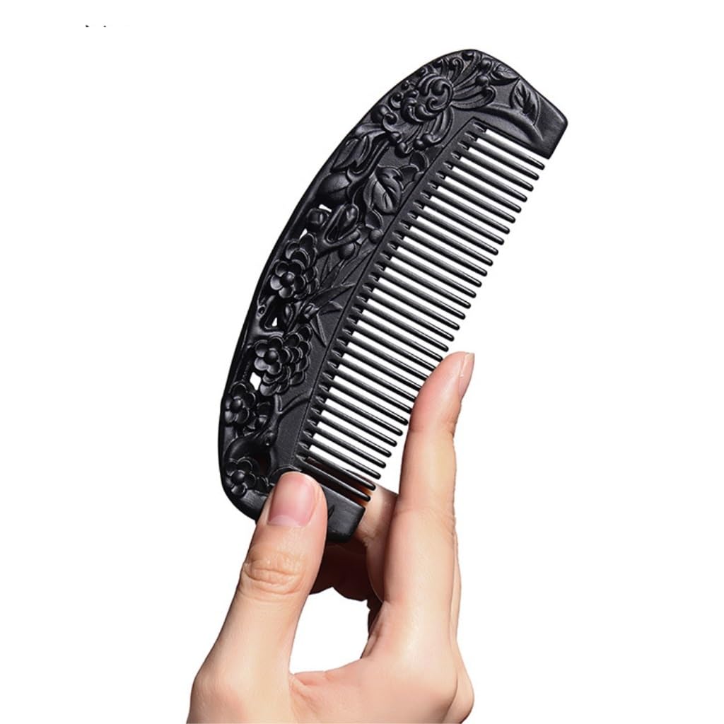 Peine de Peluquero Peine de Dientes Finos Retro Chino, Peine de Pelo Tallado de Madera Maciza, Peine de Barba Negro for el hogar, Hotel, Viajes, Etc. Peine de Viaje