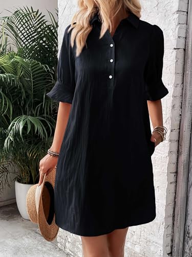 Image of FENSACE Womens Casual Shirt Dress Ruffle Sleeve Button Down Shift Summer Dresses with Pockets