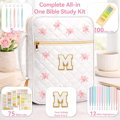 Tanolix Bible Bag for Women, Bible Cover Case with Study Supplies, Initials Personalized Quilted Bible Bag, Large Chenille Bible Cover – Christian Gift for Girls (Pink Lilies-M) — view 3
