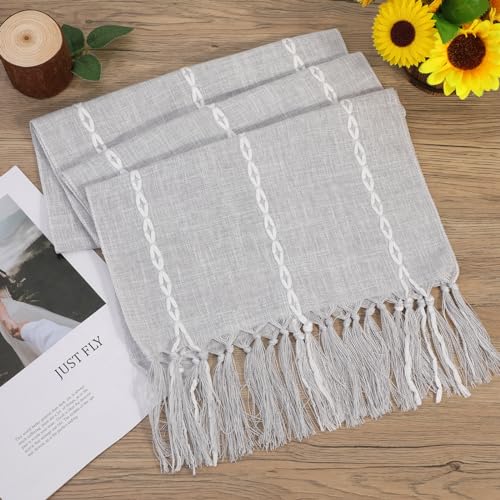 Boho Table Runner - Rustic Farmhouse Cotton and Linen with Hand-tassels, Elegant for Daily Dining and Event Decor, 13x72 inches, Grey