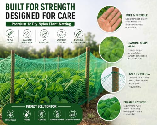 Image of 12 Ply Plant Netting 50 mm Mesh - Heavy Duty Garden Support Net, UV Resistant Trellis Net for Vegetables, Climbing Plants & Creepers (Green, 20X250FT)