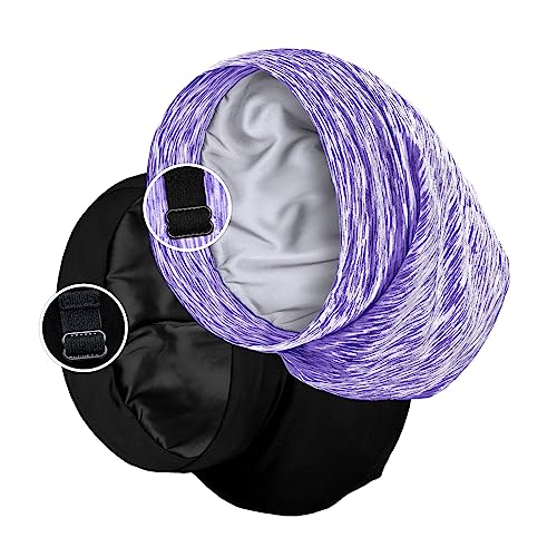Gorro de dormir con forro de satén para cabello rizado y trenzas, abrigo de pelo para toda la noche con correa ajustable para mujeres y hombres, negro y morado, paquete de 2