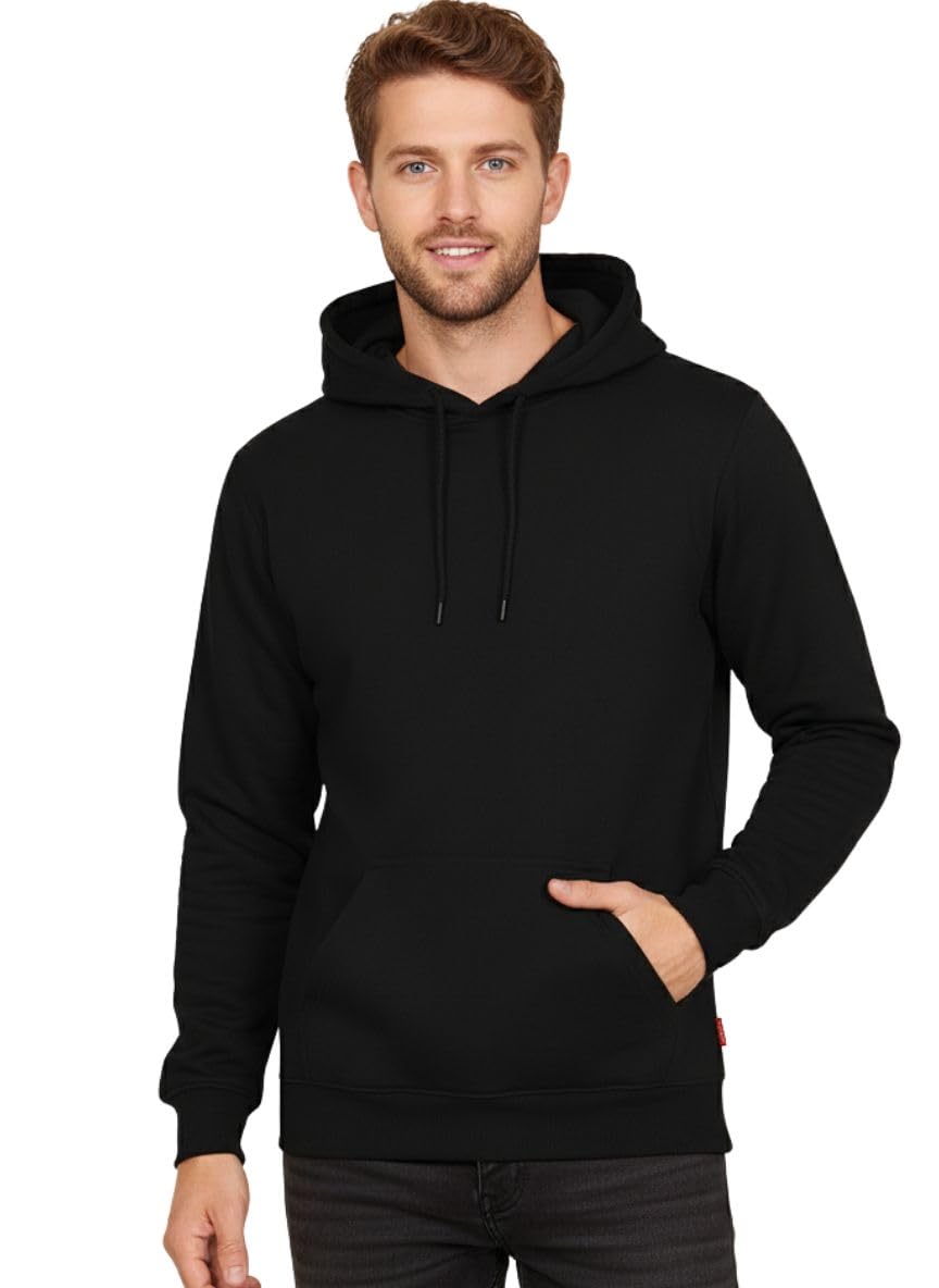 Mens Regular Fit Round Neck, Warm & Stylish Solid Fleece Hooded Pullover Winter Sweatshirt for Mans (Colour: Black)-image-14