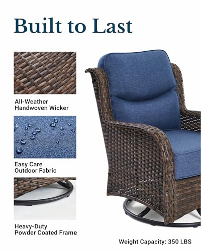 HILLGA Luxury Outdoor Swivel Rocker Patio Chairs of 2 with 6 Inch Thick Cushions and Side Table, Swivel Outdoor Chairs 3PCS High Back Wicker Patio Furniture Set for Porch, Balcony, Deck in Blue - Image 5